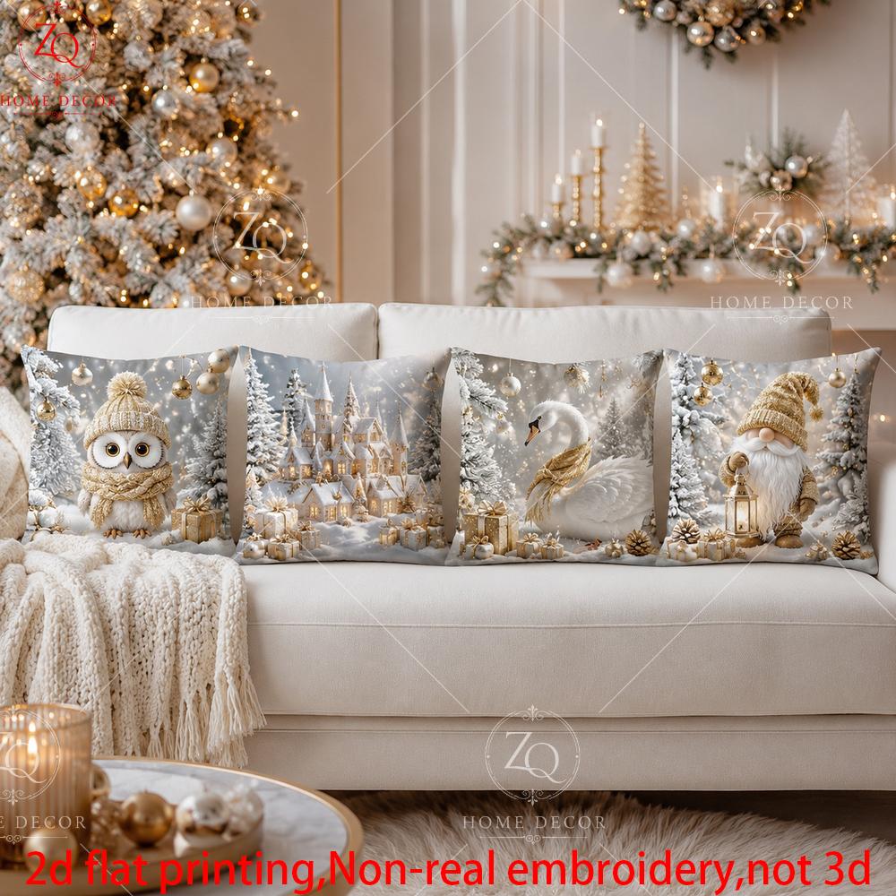 Set aus 4 Weiße Bären Leuchtturm Winter Pfirsichhaut Kissenbezug 2D Flach Gedruckt Sofakissenhülle Wohnzimmer Weihnachten
