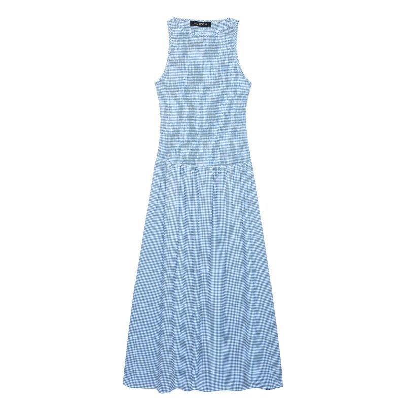 European American Women s Clothing Summer Round Collar Sleeveless Checked Long Dress XS