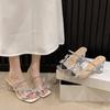 High heels women's summer 2025 new butterfly rhinestone word with crystal heel sandals square head thick heel slippers women
