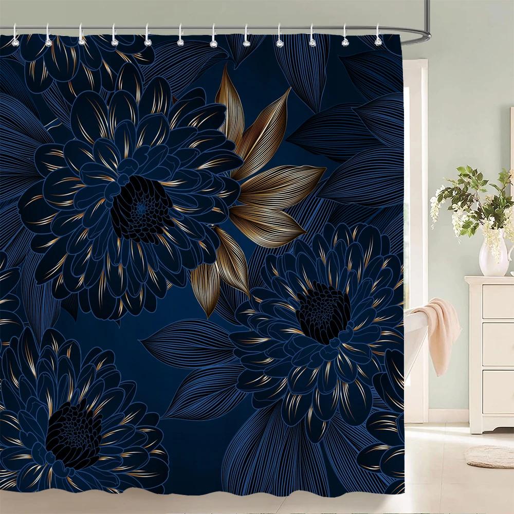 1pc Art golden flowers print shower curtain waterproof fabric,Floral pattern partition curtain decorate bathroom curtain