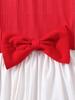 Girls' Red Patchwork Two-Piece Set: Bow Cardigan & Dress