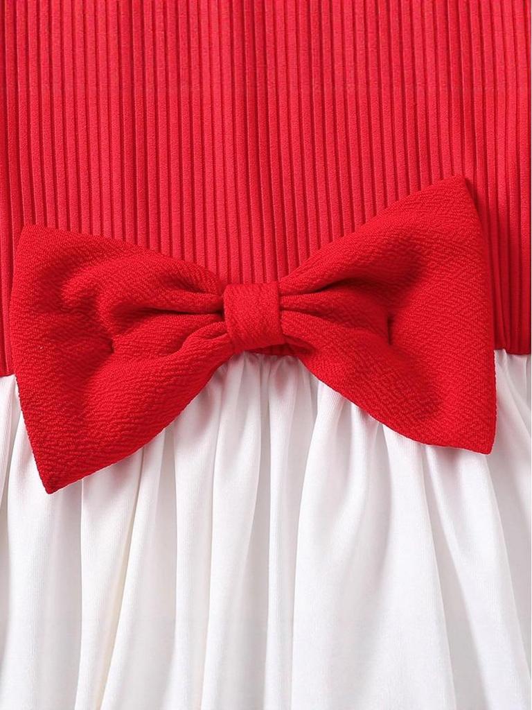 Girls' Red Patchwork Two-Piece Set: Bow Cardigan & Dress