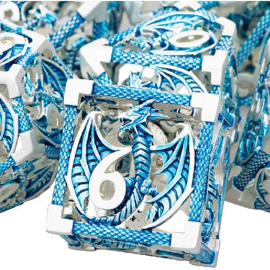 ARUOHHA Hollow DND Dice Set Copper Blue 5-Headed Dragon D and D Dice with Gift Box, Dungeons and Dragons Role Playing Games 7PCS Metal Polyhedral