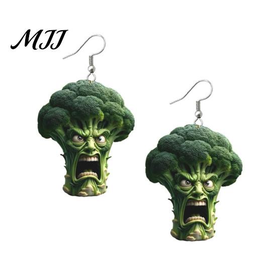 Lightweight Statement Earrings 1 Pair Hook Abstract Vegetable Cartoon Design Angry Acrylic Broccoli Shape 2D Drop Jewelry Gift зелёный