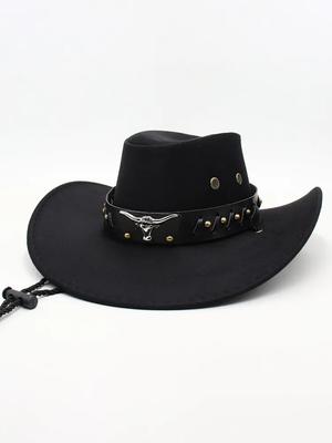 Cappello a Cilindro in Pelle con Testa di Toro, Cappello Etnico Western da Cowboy, Cappello Equestre Retrò per Uomo e Donna