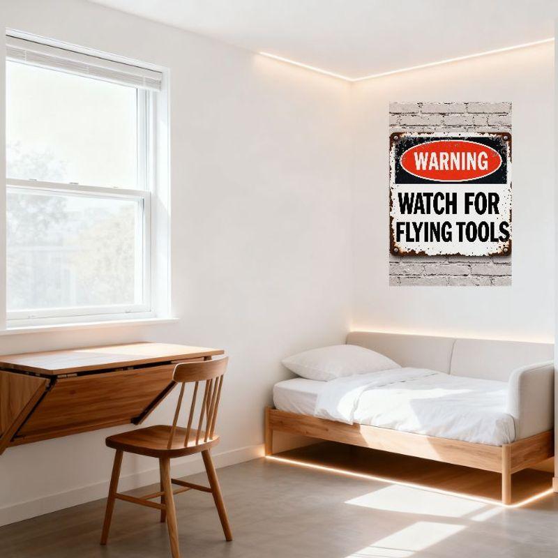 Vintage Weathered Metal Warning Sign with Rust & Chipped Paint - Watch for Flying Tools - Black Oval Border & Red Interior - Hom