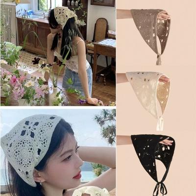 Fashion Hollow Floral Headband Ribbon Crochet Bandana Knitting Weave Turban Triangular Scarf Women