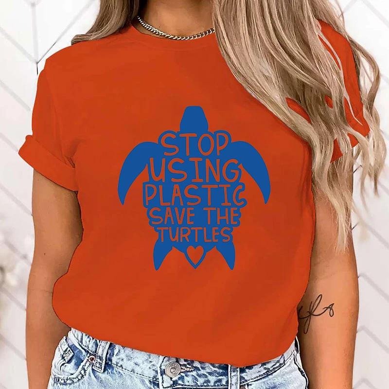 (Premium T-shirt)Funny Protect The Ocean Stop Using Plastic Save The Turtles Letter Printed T-Shirts For Women Summer Tops