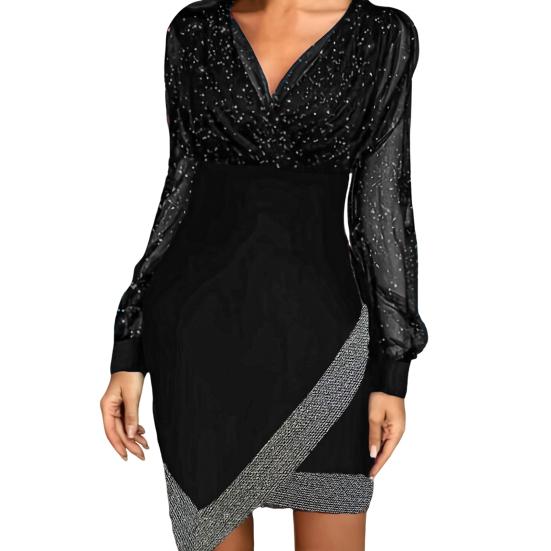 Damen Frühlings-/Herbstkleid, V-Ausschnitt, Laternenärmel, unregelmäßiger Saum, durchsichtiges Netz, Pailletten, Patchwork, Etuikleid über dem Knie, Abschlussball, Party, Minikleid