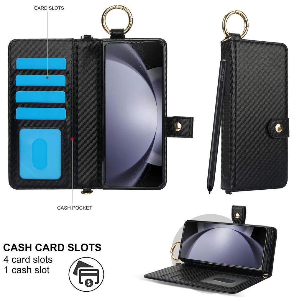 Samsung FOld7 Mobile Phone Leather Case Wristband Protective Cover Z FOld6 Carbon Fiber Business Mobile Phone Case Pen Slot