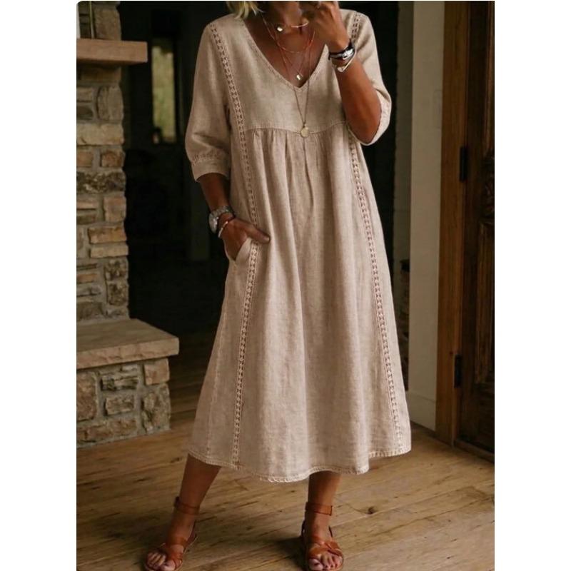 Women's V Neck Three Quarter Sleeve Loose Fit Lace Spliced Linen Blend Midi Dress Solid Color Casual Vacation Daily Wear Long Sundress
