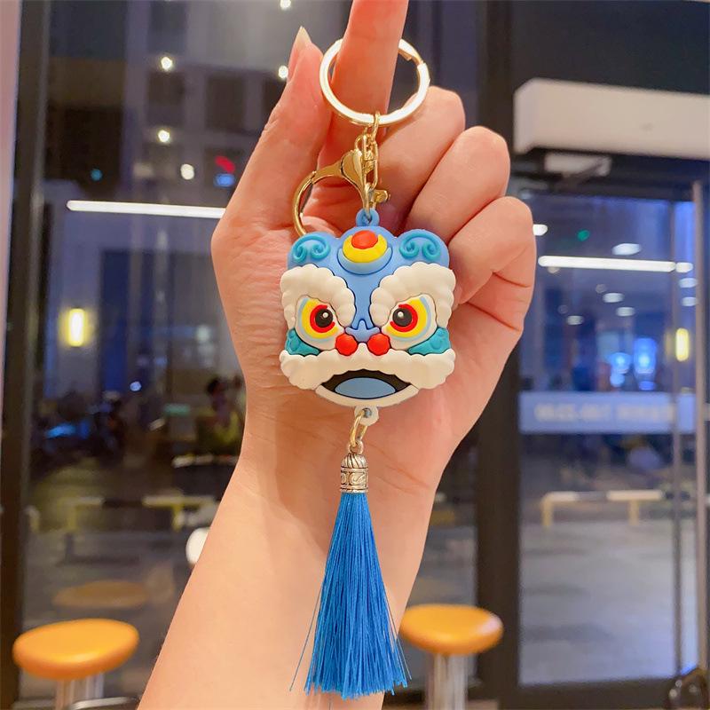 Exquisite Chinese Lion Dance Keychain Pendant with Lucky Cat Doll