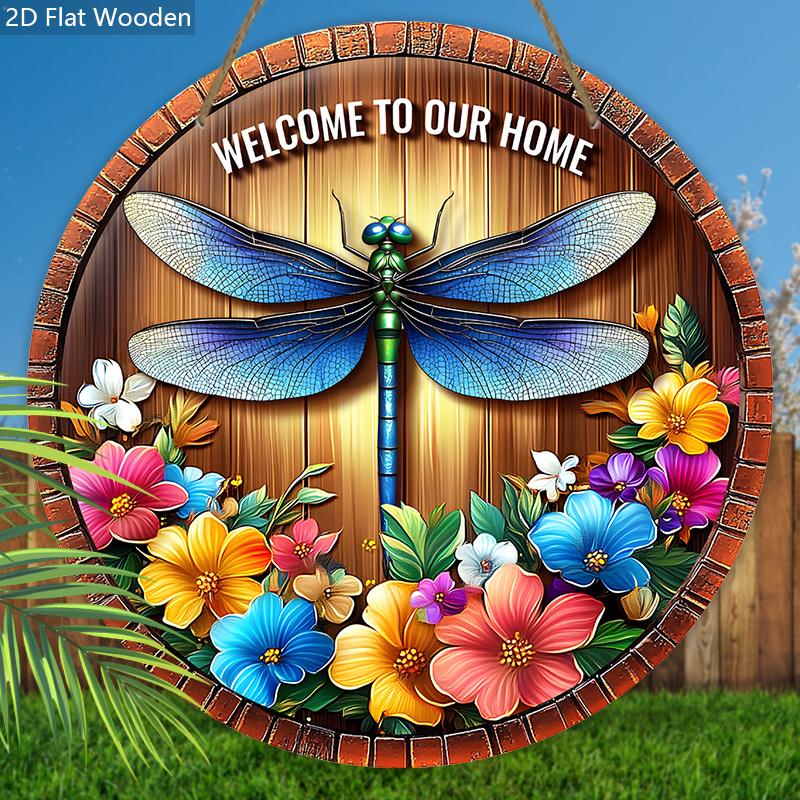 Rustic Wooden Welcome Sign with Dragonfly & Flowers Pattern - Charming Decorative Hanging Plaque for Front Door, Wall Decor
