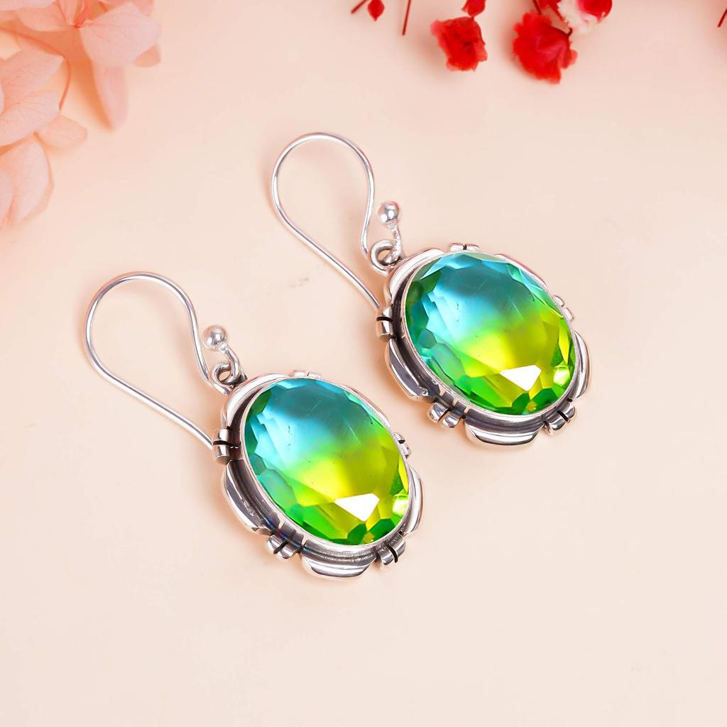 Bi-Colour Tourmaline 925 Sterling Silver Earring V398, Green & Purple Earring, Oval Earring, Valentin's Day Gift, Gift For Her, Birthday Gift, Handmad