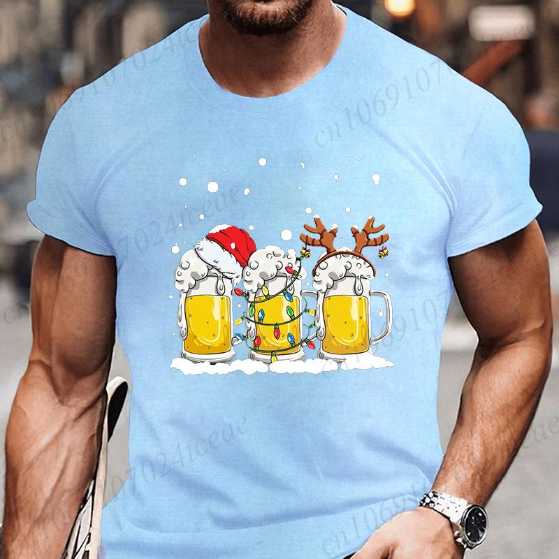 Tshirt Beer Christmas with Santa Reinbeer Xmas Lights Humor T Shirt Camiseta Christmas Party T Shirts Tops Streetwear T-shirts
