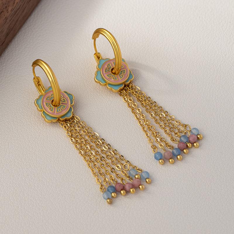 Elegante chinesische Quasten- & Perlenohrringe mit Glasur-Blumendesign für Damen