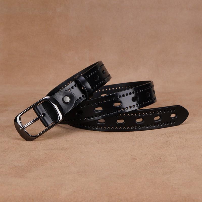 Womens Genuine Leather Belt With Hollow Design Slim Width 2-4cm Adjustable Length Black Coffee Business Casual Pants Jeans