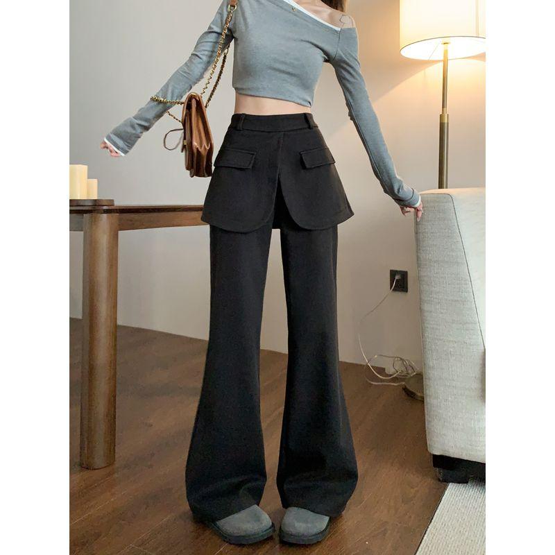 

Kumikumi Стильные Ложные Двухслойные Лоскутные Брюки-пердежницы Повседневные Брюки Женские Осенние С высокой талией Слимфит Расклешенные Брюки Брюки Black L