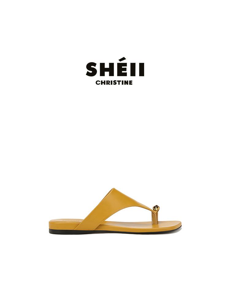 Sheepskin Su Yinyin Small Gold Buckle Slippers Women's Summer Wear Square Head Cover Toe Holiday Beach Flat-bottomed Herringbone Cool Slippers