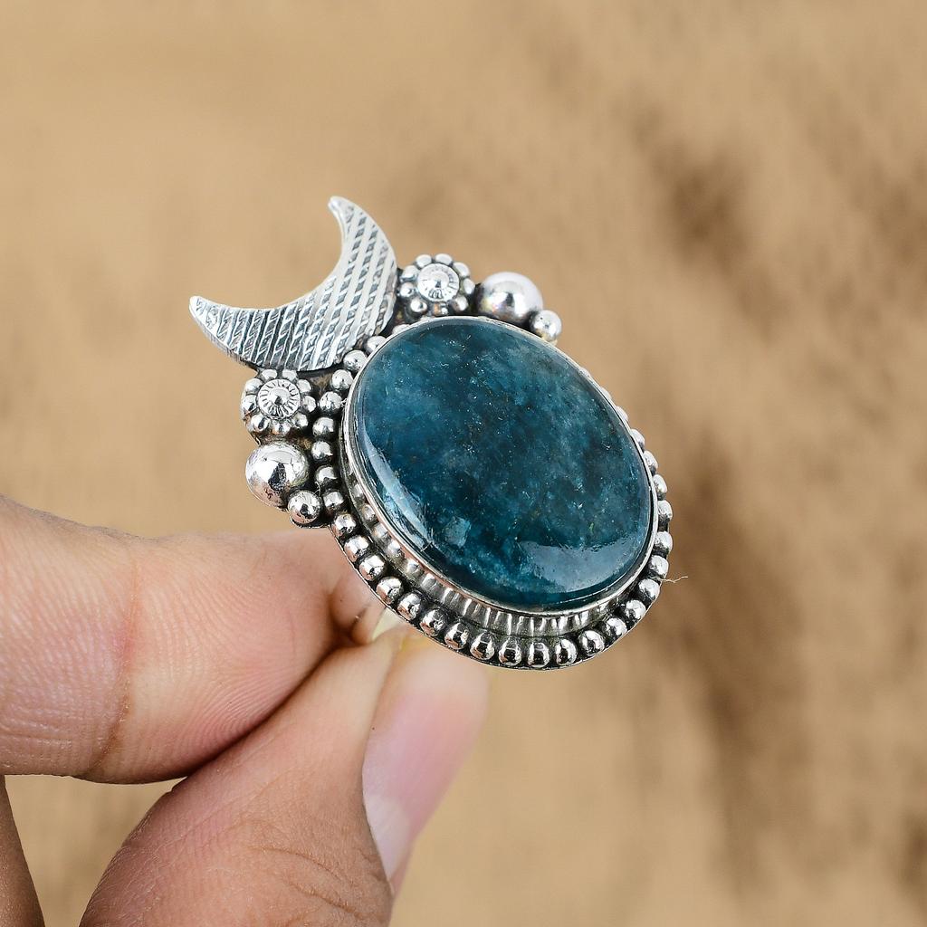 Mothers day Deal 925 Silver Natural Neon Apatite Wife Promise Cresent Moon Ring