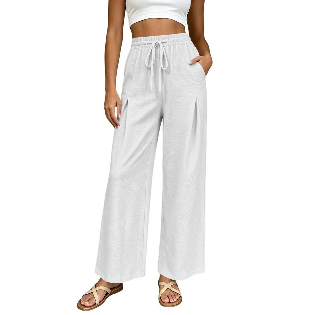 Women High Waist Wide Leg Pants Summer Casual Loose Fit Trousers with Pockets Elastic Waist Drawstring Outdoor Lightweight
