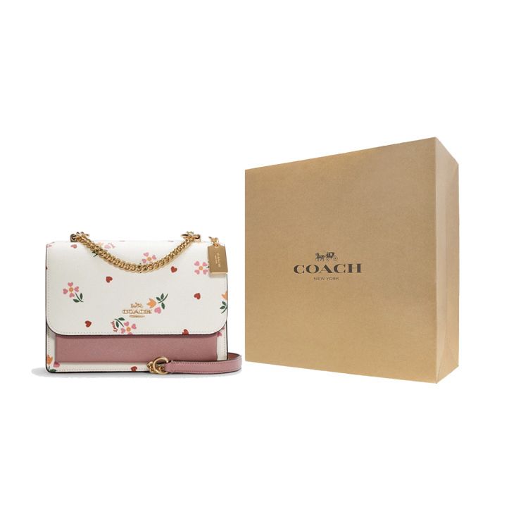 Coach Klare 22 Heart Flower Print Flap Chain Coated Canvas And Leather Accordion Shoulder Crossbody Bag Small Women Bags Pink White C7596-IMCAH
