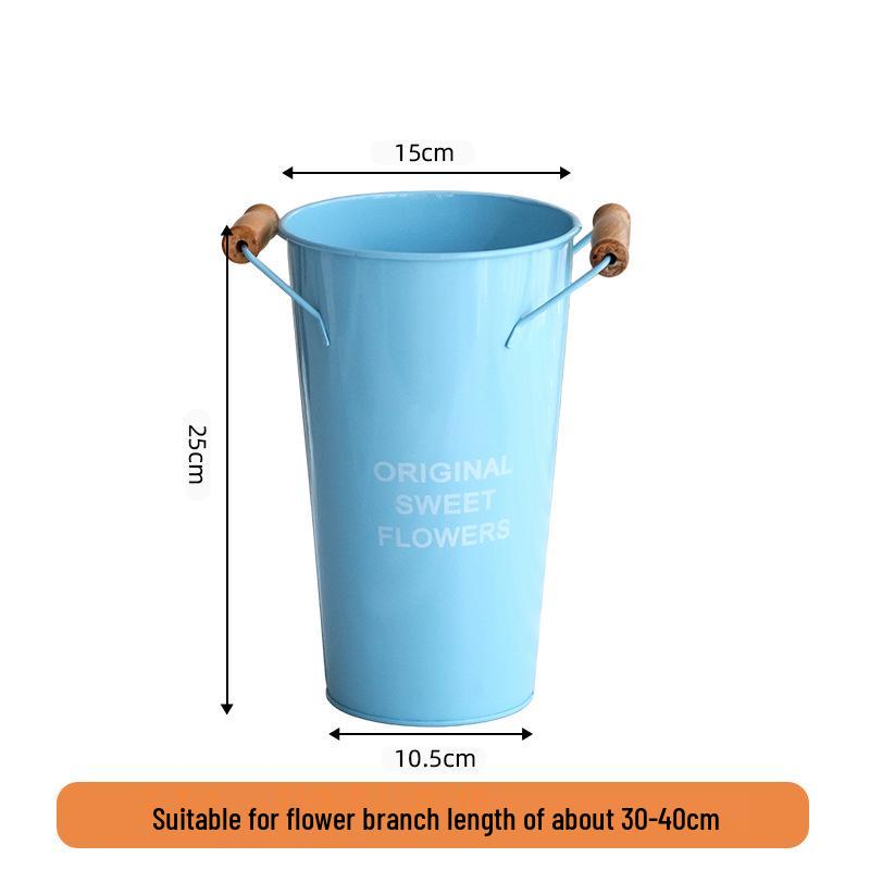 Blue Wooden Handle Decorative Tin Flower Bucket for Fresh Arranging - High Capacity Watering & Displaying Iron Bucket