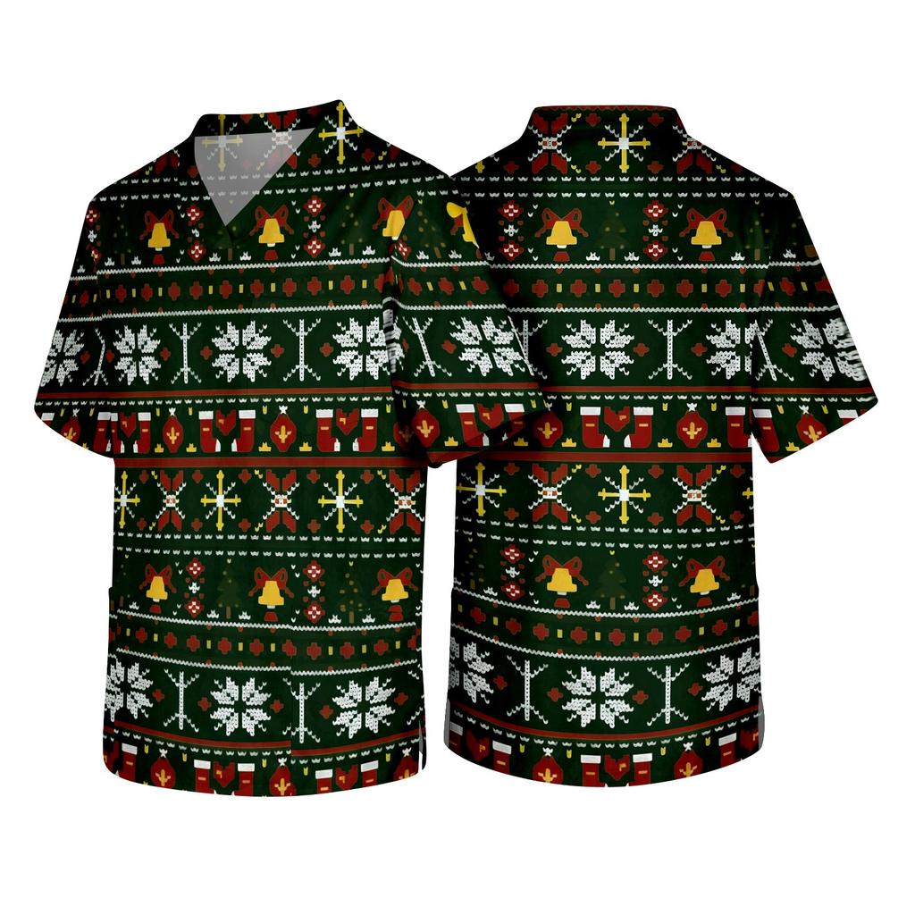 Men's Christmas Theme Caregiver Uniform, Holiday Scrub Top for Nurses and Workers