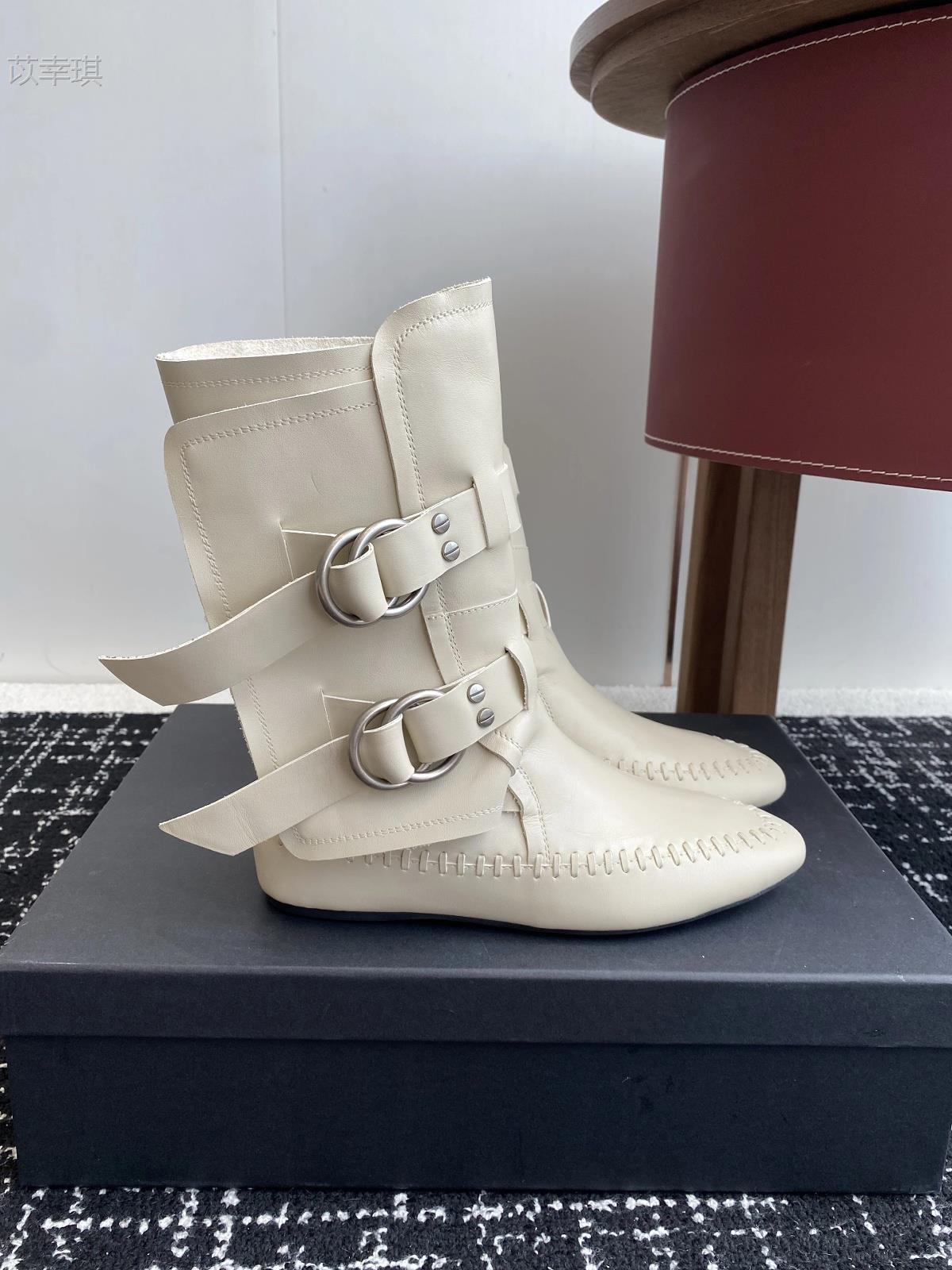 

Cowhide version retro belt buckle white boxing boots women s leather thin inner heightening medium tube Martin boots western short boots 35