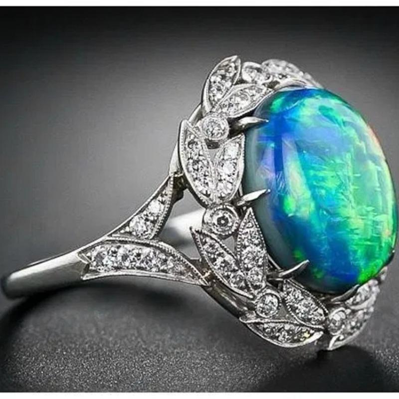 Einzigartiger silberfarbener Ring mit funkelndem weißem Kristall Zirkon Strassring Bunter Opalring für Damen Party