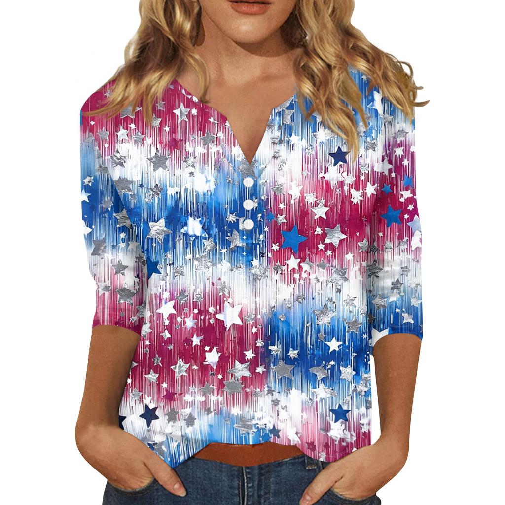 Women’s V Neck 3/4 Sleeve Blouse with Star Print Loose Fit Pullover Top Casual Lightweight Comfortable Shirt for Daily Wear