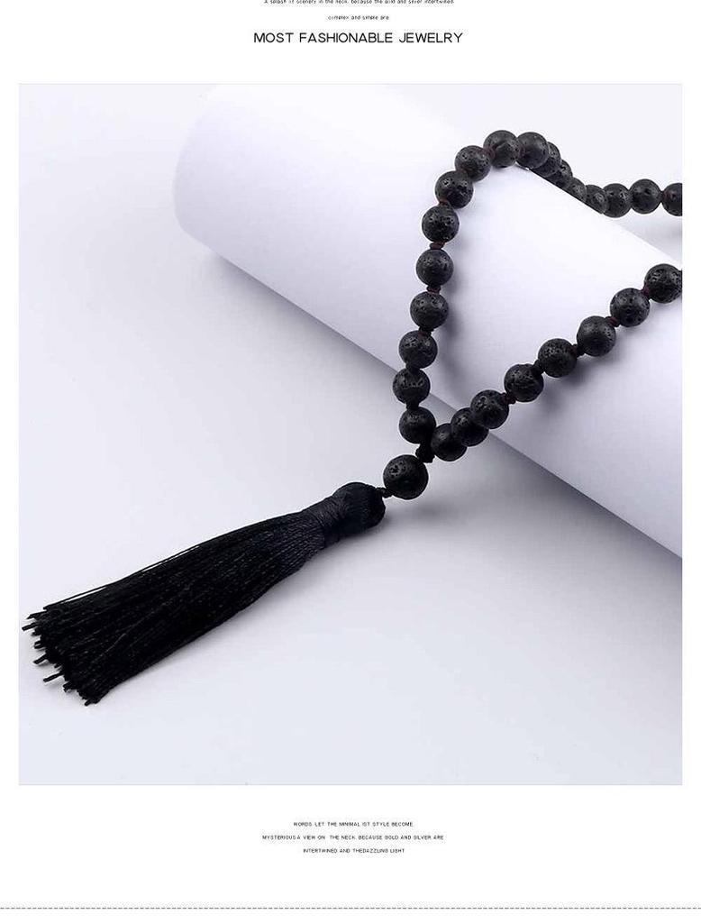 European 8mm Stone Bead Tassel Necklace and Multi-Strand Buddhist Bead Bracelet