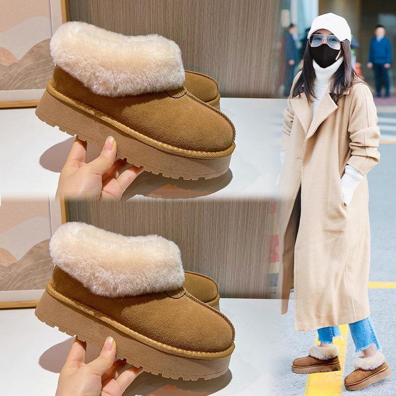 Leather snow boots women's winter new thick-soled velvet warm real hair short boots casual fashion bread women's boots