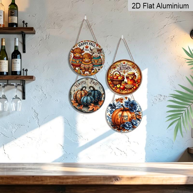1pc/4pcs Aluminum Decorative Hanging Plaques and Ornaments Sign, Farmhouse Autumn Wall Decor, Happy Fall Highland Cow, Blue Pumpkin & Sweet Harvest