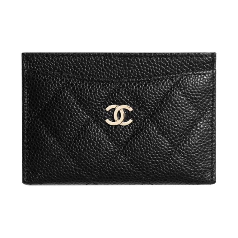 Chanel Elmas Izgara Altın Düğmeli Çift Taraflı Yuvalı Boncuklu Balık Ağı Deri Cüzdan Kartlık Unisex Çift Versiyonu Siyah