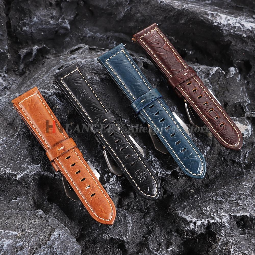 Handgefertigte Rindsleder-Uhrenarmbänder 20mm 22mm 24mm 26mm Vintage Crazy Horse Leder-Uhrenarmband für Panerai für Omega Schnitzerei Armband