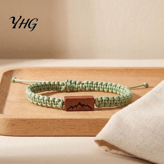 Outdoor Travel Braided Bracelet Adjustable Rope with Wooden Charm, Ocean Wave/Mountain for Commemorative Souvenir Women Men, Handmade Bracelet,
