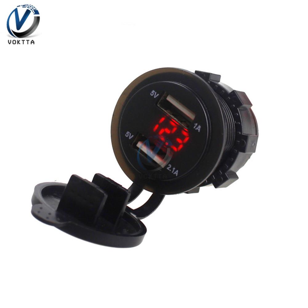 Car Charger Dual USB Port Multifunction LED Digital Display Voltmeter Waterproof Mobile Phone Smart Charging Socket Adapter