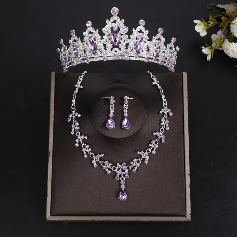 3pcs/set Luxury Bridal Jewelry Sets Crystal Water Drop Tiaras Crown Necklace Earrings Silver Color Sparkling