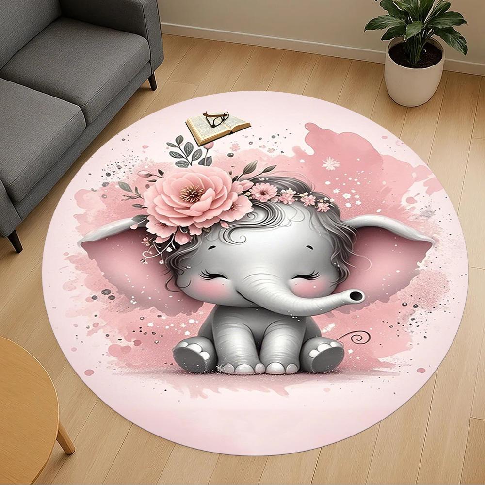 1PC Elephant Flowers Pink Round Chair Mat Area Rug - Non-Slip, Floor Mat for Office, Bedroom, Home Decor Christmas Gift C0528092