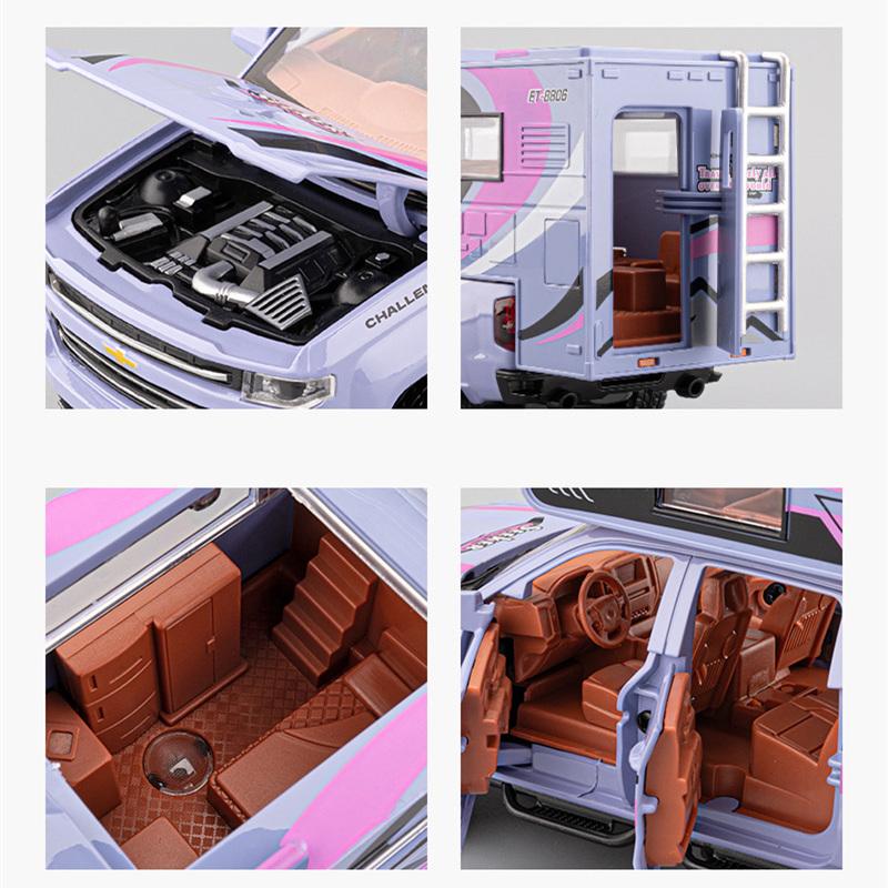 1/32 Silverado Pickup RV Recreational Car Model Diecast Camper Van Motorhome Touring Vehicles Car Model Sound Light Kid Toy Gift