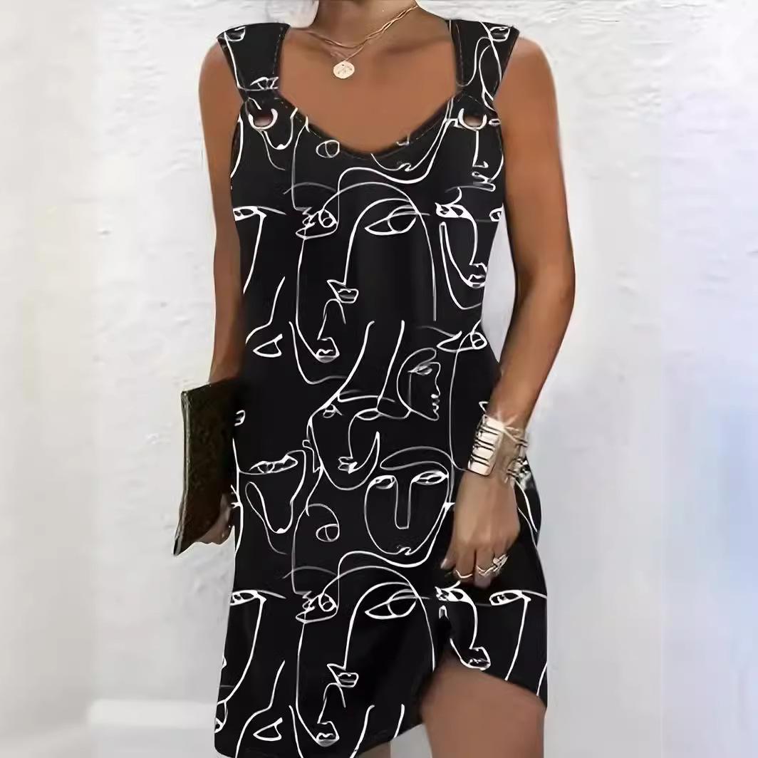 

Summer Street Fashion Printed Abstract Pattern Button Design Dress XL