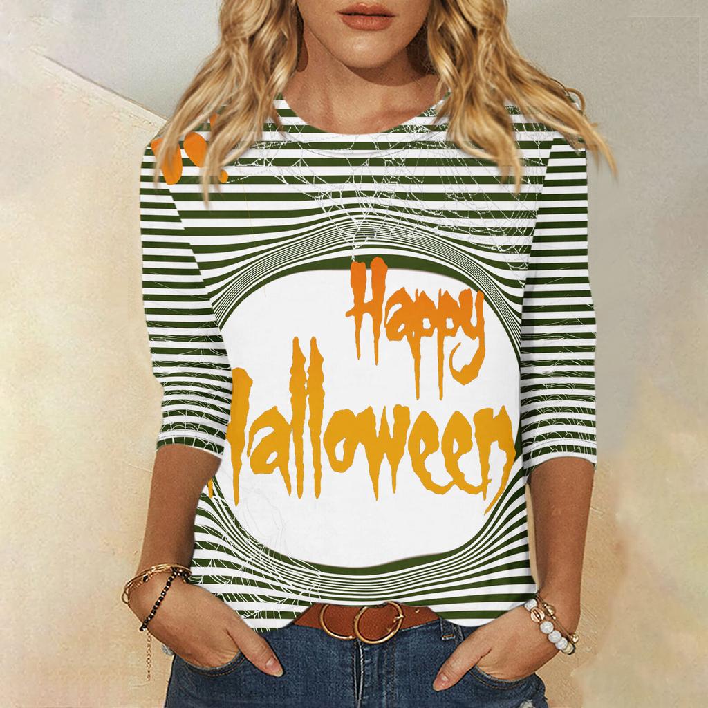 2024 New Women's Halloween Long Sleeve T-Shirt Spider Web Print Round Neck Casual Basic Loose Ladies Designer Tops