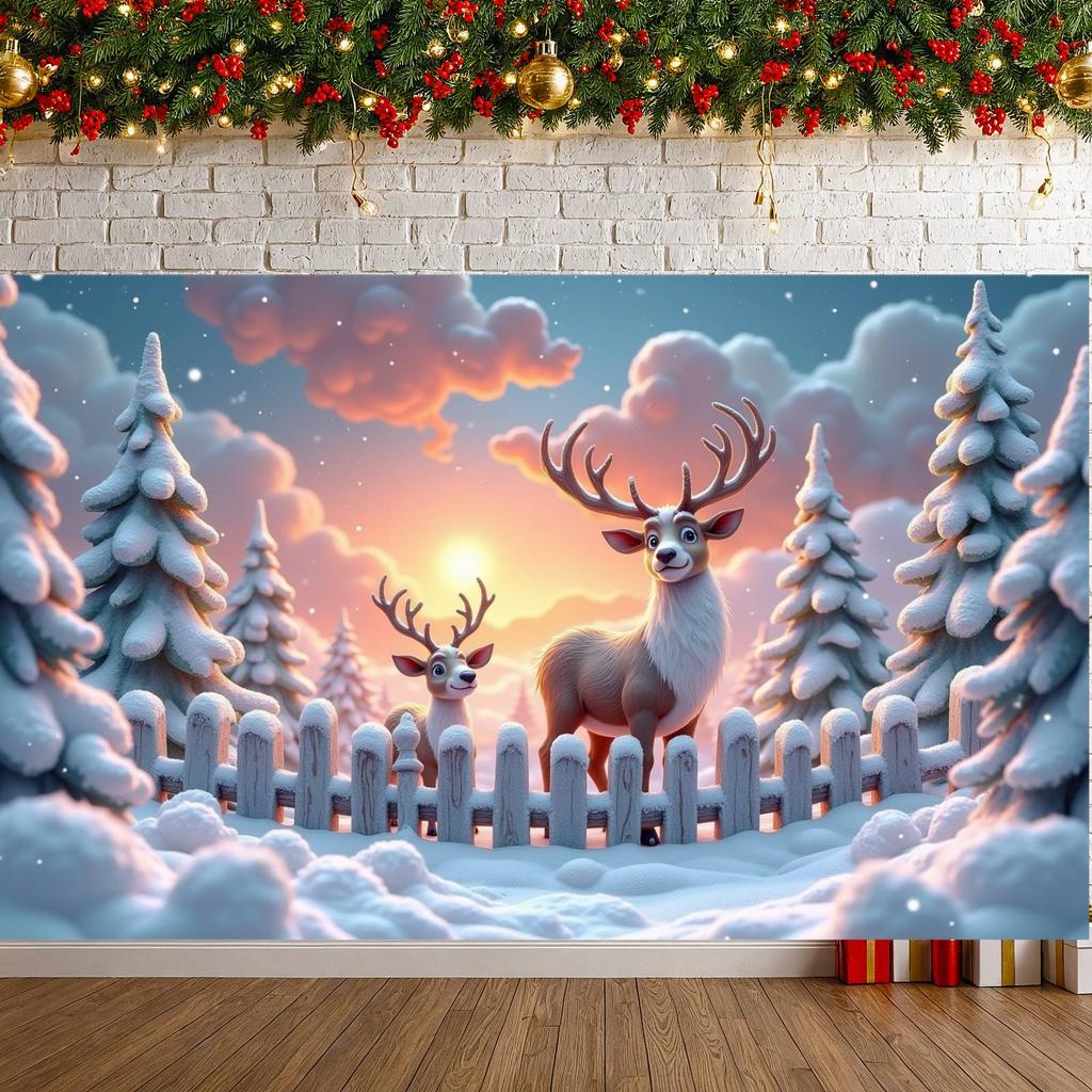 Christmas Backdrop Snow-Covered Winter Reindeer Banner Holiday Background Wildlife Design Winter Wildlife Banner For Winter