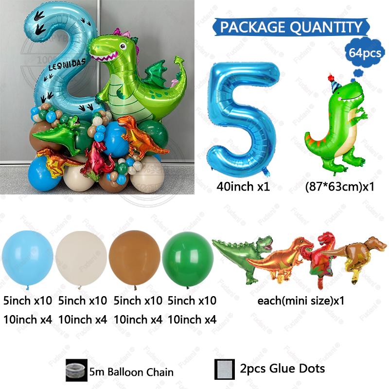 64pc/set Little Dinosaur Blue Series Digital Aluminum Film Balloon 1-9 Suitable for Birthday Party Anniversary Graduation Gift