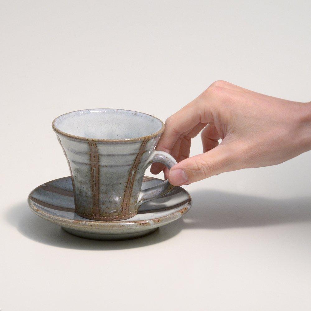 Marui Seito Shigaraki Ware Hechimon Coffee Cup and Saucer Set, Approx. 200ml, White with Shirahagi Tatesen Pattern, MR-3-3283