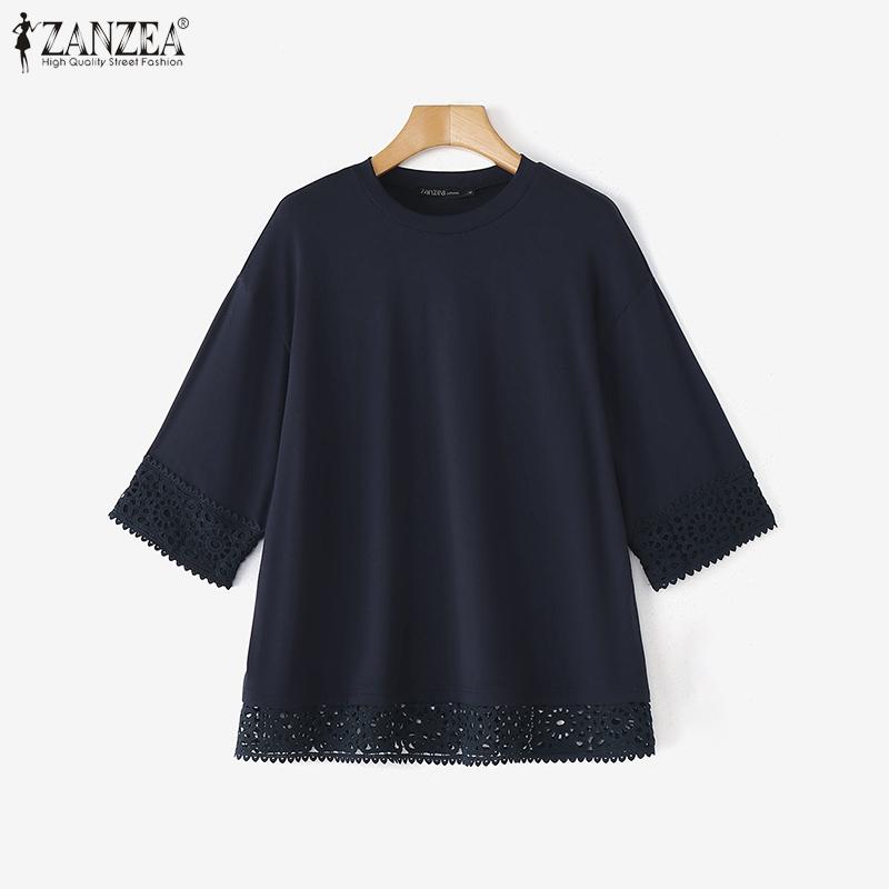 

ZANZEA Женская блузка с рукавом средней длины, кружевной вставкой, повседневная, свободного кроя 4XL темно-синий