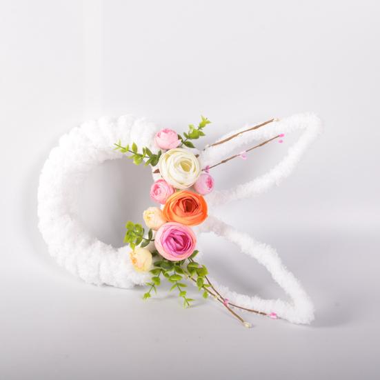 Easter Bunny Wreath for Front Door Yarn Wrap Rabbit Shaped Wreath with Artificial Flowers for Spring Porch Wall Window Indoor Outdoor Decor