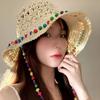 Women Straw Hat Wide Brim Breathable Straw Weaving Hat with Colorful Beads Decor Flexible Edges Sun Hat
