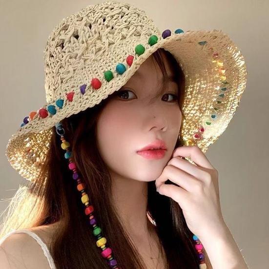 Women Straw Hat Wide Brim Breathable Straw Weaving Hat with Colorful Beads Decor Flexible Edges Sun Hat